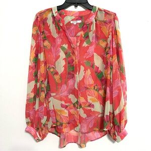 CHICOS Floral Sheer Long Sleeve Blouse Orange Pink Multi Tropical Beach EUC 1 M